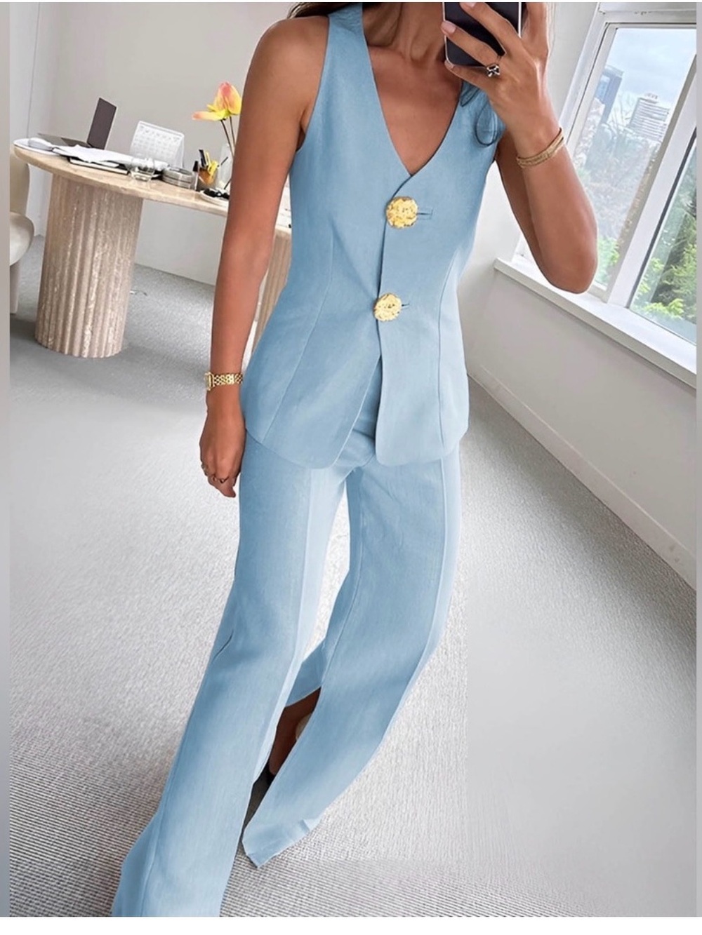 Commense Button Split Sleeveless Pants Set